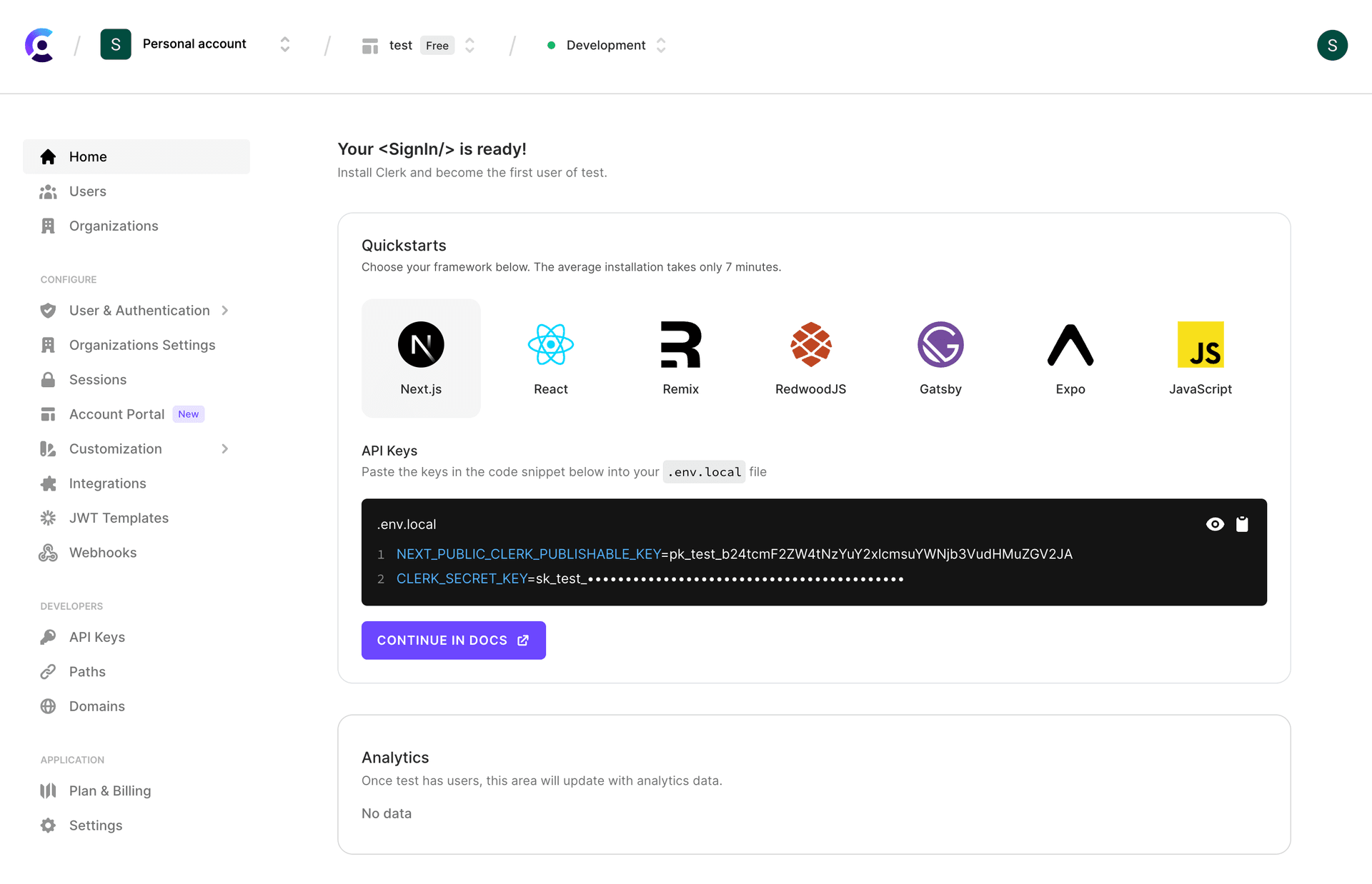 Clerk QuickStarts you get prompted with right after creating your application