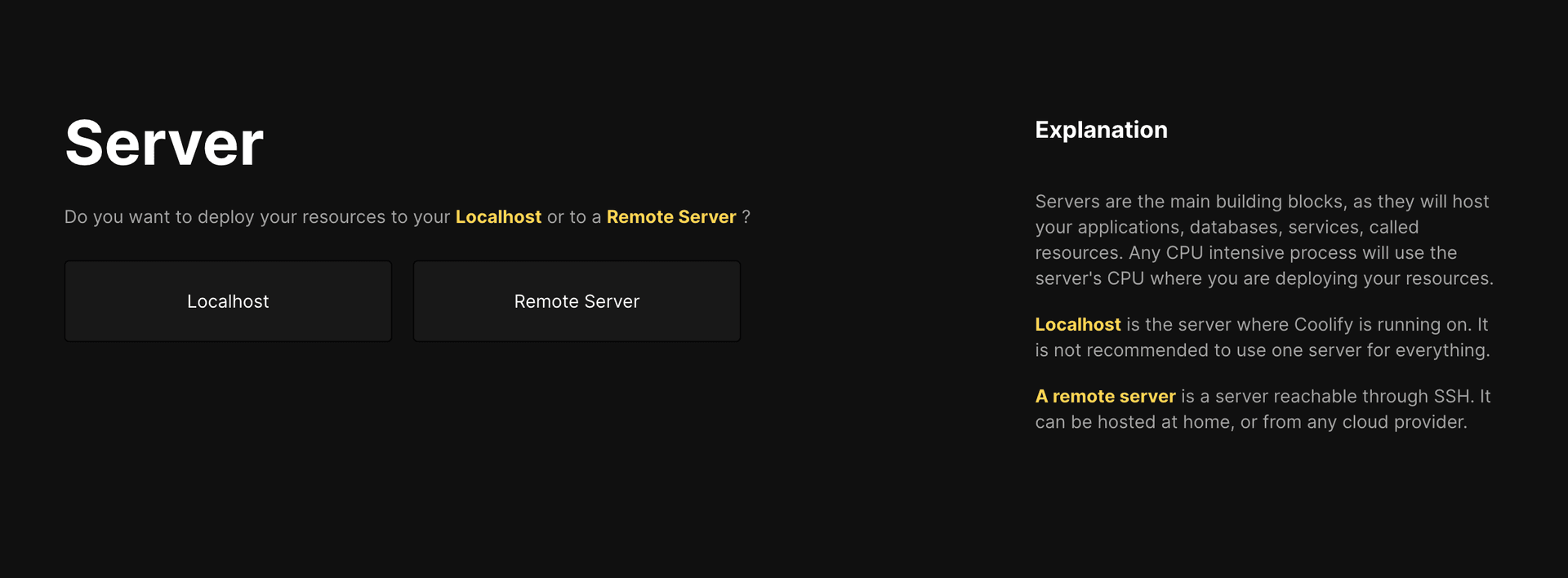 Coolify onboarding: select localhost