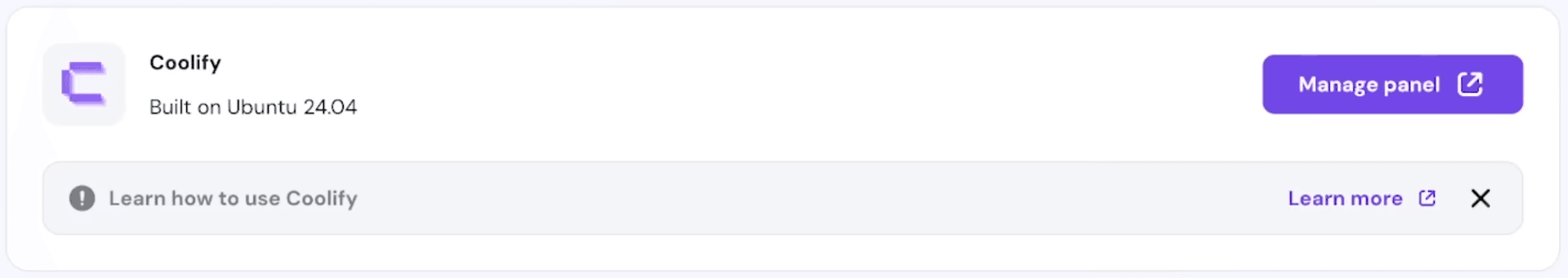 Click 'Manage panel' to access your Coolify installation