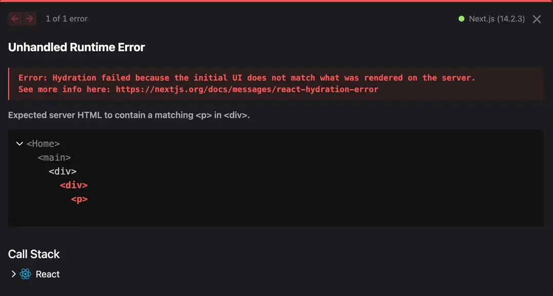 Hydration error message in Next.js 14.1