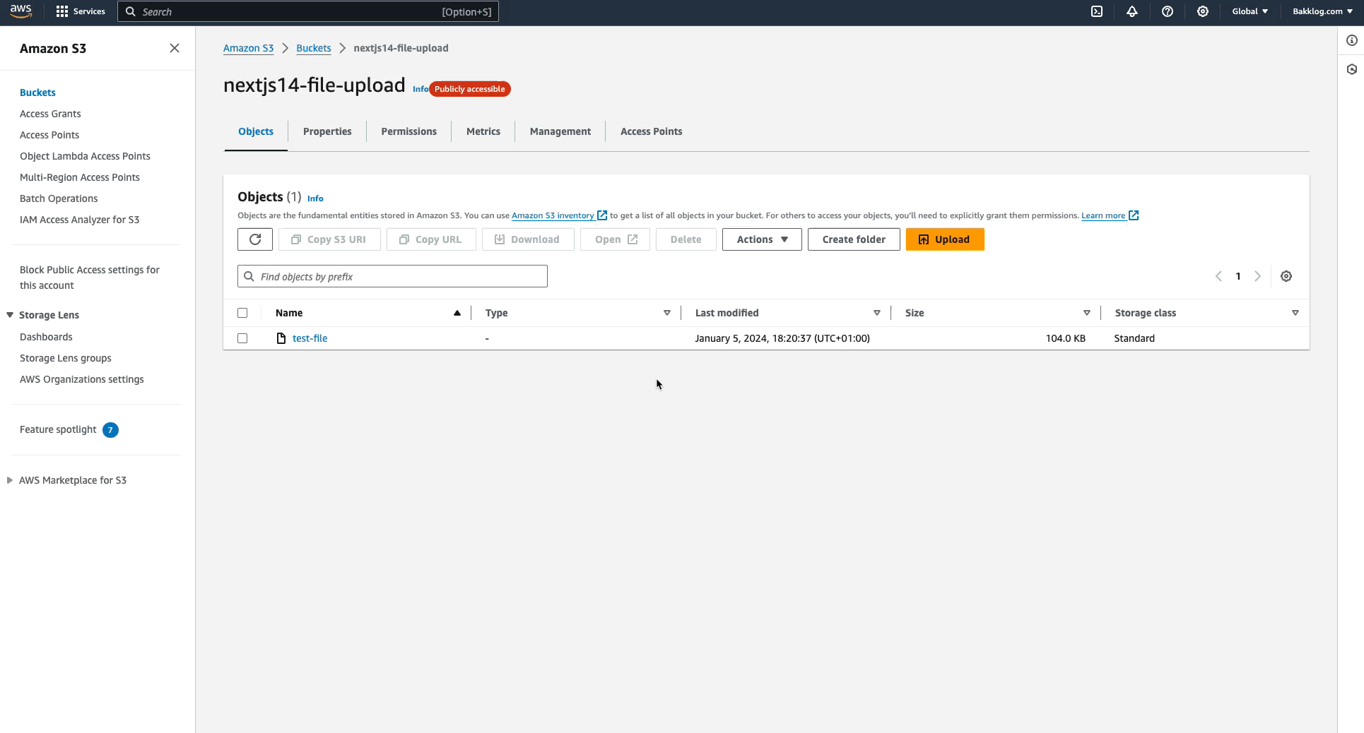 Access your freshly uploaded test file on your S3 bucket