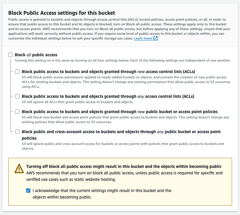 Enable public access for your S3 bucket