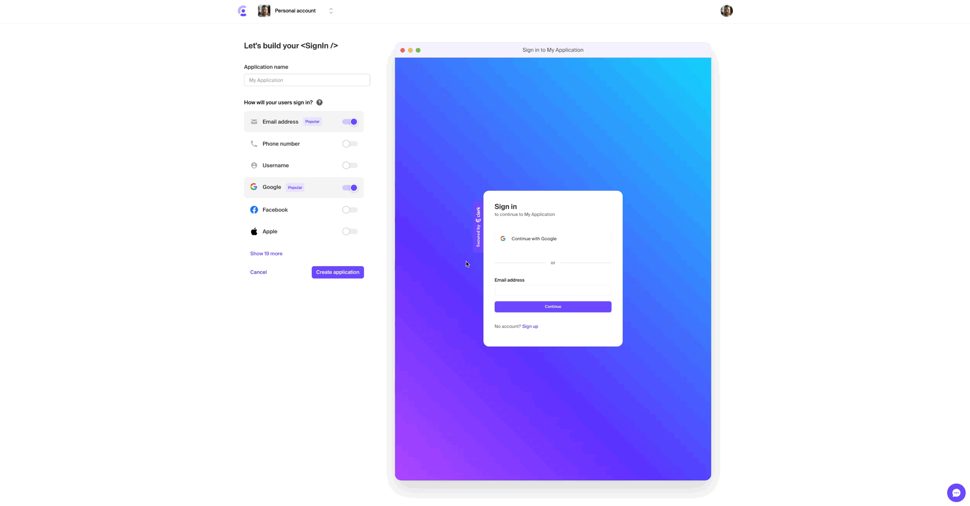 Create your Clerk application and enable Github as the OAuth provider