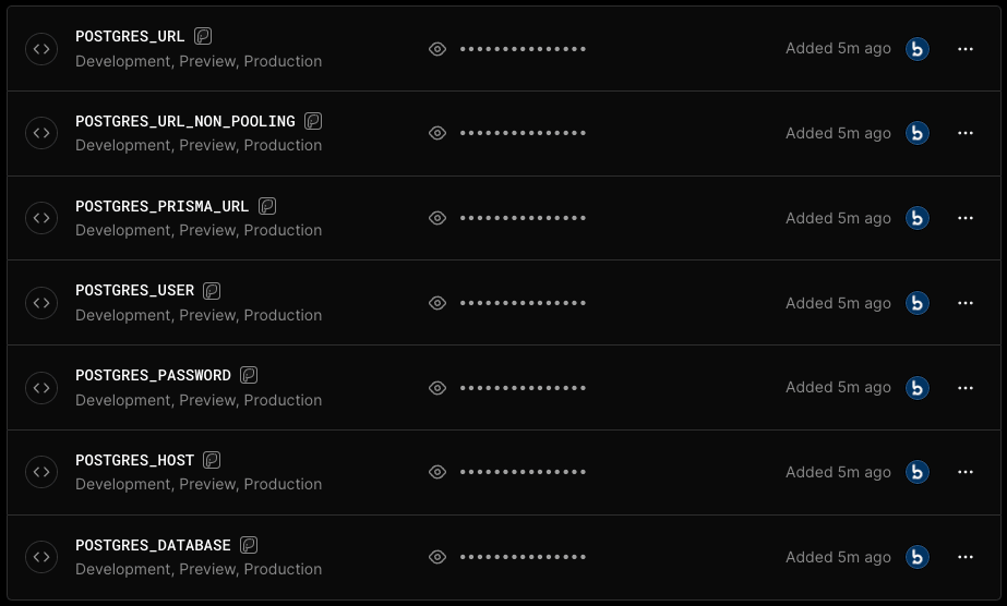 Postgres Environment Variables on your Vercel project