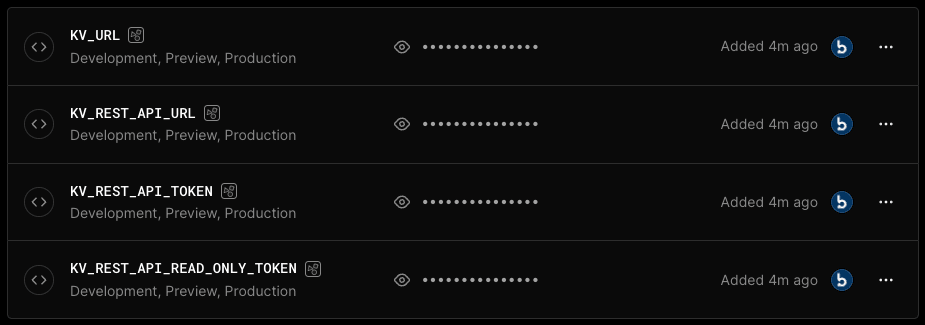 4 new Vercel KV environment variables should show up